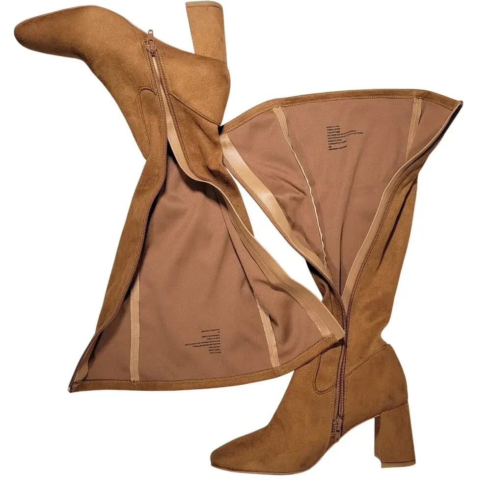 Nordstrom‎ Rack Tan Suede Square Toe Block Heel Knee High Boots Women Size 5